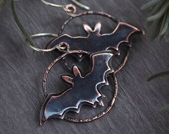 Copper Bat Earrings with Silver Hooks - Bat on The Moon Handmade Earrings - Copper WItch Magic Earrings
