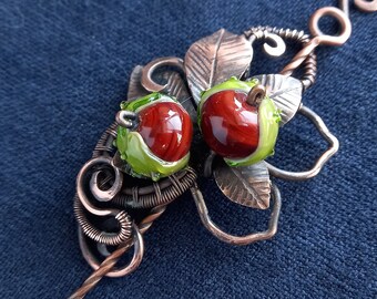 Chestnut Brooch With Handmade Lampwork Beads - Copper Hairpin - Horse Chestnut Shawl Pin - Autumn Brooch - Small Haircomb - Botany Biju