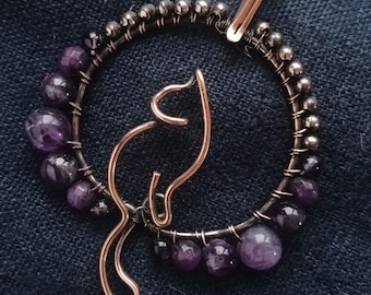 Amethyst Cat Pendant – Copper Wire Wrapped Necklace – Witchy Cat Jewelry – Moon Cat Charm – Handmade Gemstone Talisman
