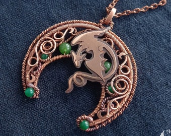 Dragon Pendant - Copper Crescent Pendant - Woman Moon Necklace - Chrysoprase Dragon Necklace - Feminine Power Necklace