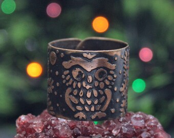 Owl Copper Ring - Gift For Mom - Cuff Rign With Owl In a Snow Frosty Night - Owl With A Full Moon And A Fiir-Tree - Gift For Mother