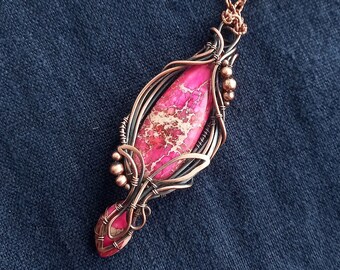 Red - Rose Long Necklace - Flower Wire Wrapped Copper Pendant - Rose Jasper Pendant - Pink Flower Necklace - Variscite Necklace