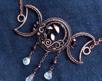 Wiccan Moon Phases Mushroom Copper Pendant - Crescent and Mushroom Pendant - Witch Pendant - Garnet & Moonstone Moon Wicca Necklace