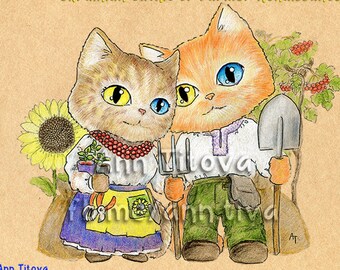 Stand With Ukraine, Digital Download Printable Illustration with Cats as Ukrainian Cathic or Farmer Renaissance (JPG)