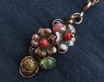 Elegant Witch Flower Long Pendant with Agate, Prehnite and Serpentine Gemstones - Copper Flower Balance and Grounding Necklace