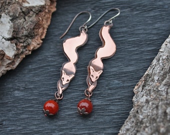 Copper Foxy Earrings With Gemstone Beads And Silver Ear Wire - Handmade Copper Fox Earrings - Brass Fox - German Silver Fox