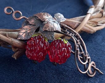 Raspberry Fibula - Red Berry Copper Brooch - Bocho Nature Brooch - Shawl Pin With Red Berry - Raspberry Scarf - Fibula