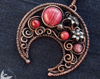 Collier pendentif élégant croissant de sorcière en rhodochrosite et forêt d'agates - Collier forêt charmant en cuivre et améthyste - Pendentif wicca