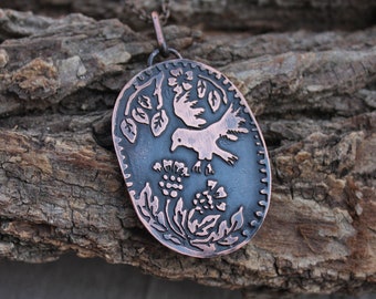 Oval Copper Raven Pendant With Thistles And DogRose - Etched Necklace With Crow