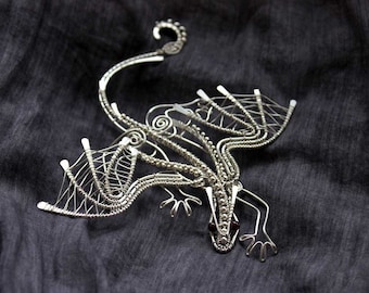 Silver-plated Dragon Pendant With Garnet Eyes And Heart - Fantasy Pendant - Metal Dragon - Metallic Miniature - Fantasy Guardian