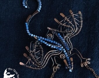 Blue Dragon Pendant - Wire Wrapped Copper Necklace - Handmade Fantasy Jewelry - Beaded Water Dragon - Elemental Magic Talisman Brooch Option