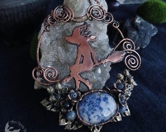 Flying Witch Copper Necklace – Sodalite Pendant – Witchcraft Jewelry Gift – Pagan Witch Talisman