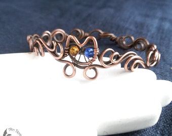 Cute Sea Cat Copper Cuff Bracelet - Cat Biju - Pet Lover Gift - Wave Artistic Bracelet - Ocean Wave Wrap Biju - Copper Wire-Wrap Bracelet