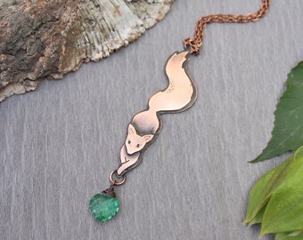 Leaf Keeper Fox - Copper Animal Pendant Necklace - Universe Foxy - Kitsune Handmade Pendant - Wild Lover Gift - Lovely Labradorite Raptor