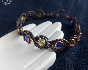 Blue and Yellow Wave Wired Copper Bracelet - Art-Nouveau Biju - Water Style Artistic Bracelet - Ocean Jewelry - Copper Ukraine Biju