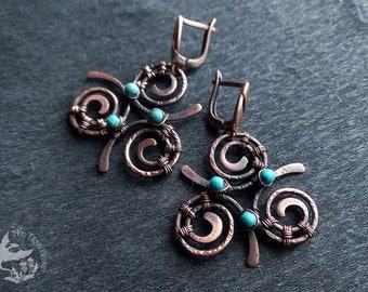 Celtic Triquetra Earrings with Artifical Turquoise - Spiral Healthy Earrings - Wiccan Earrings - Copper Earrings