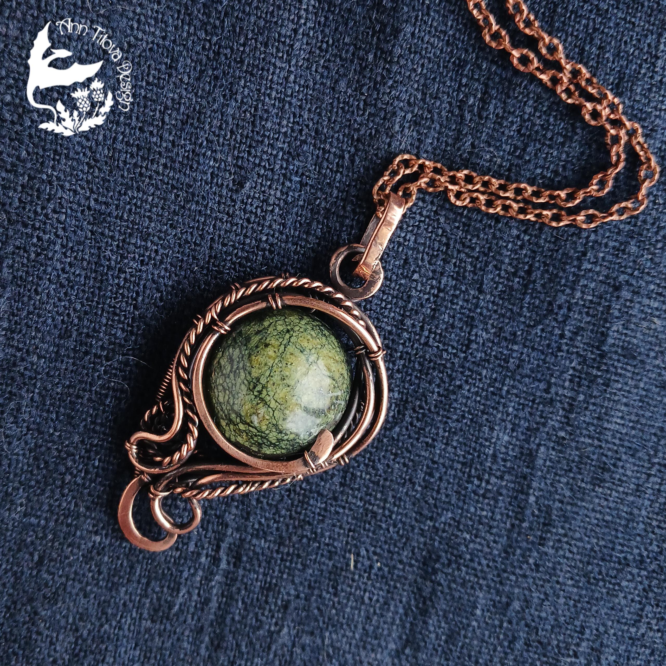 Serpentine Stone Pendant – Copper Wire Wrapped Jewelry – Green Talisman Necklace – Forest Witch Amulet – Earth Magic Charm