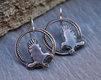 Copper Raven Earrings with Silver Hooks - Crow Handmade Earrings - Copper WItch Magic Earrings