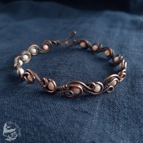 Rose Coral Wave Wired Copper Bracelet - Art-Nouveau Biju - Water Style Artistic Bracelet - Ocean Wave Wrap Biju - Copper Wire-Wrap Bracelet