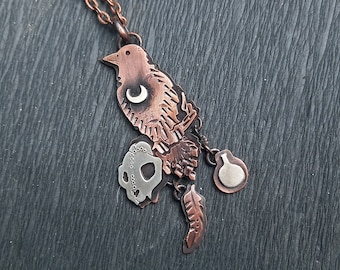 Rustic Odin&#39;s Raven Pendant Necklace - Crow And Skull Necklace - Copper Raven Necklace - Silhouette Necklace