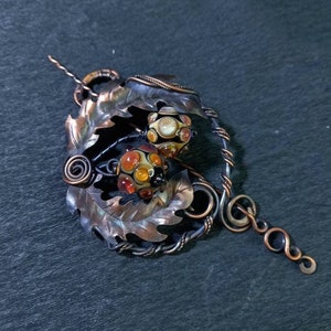 Scottish Thistle - Honey Thistle Brooch With Handmade Lampwork Beads - Scotland Brooch With The Thistle - Copper Fibula - Gift For Mom