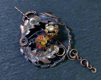 Scottish Thistle - Honey Thistle Brooch With Handmade Lampwork Beads - Scotland Brooch With The Thistle - Copper Fibula - Gift For Mom