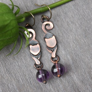 Copper Kitten Earrings With Amethyst Beads And Silver Ear Wire - Handmade Copper Cat Earrings - Pet&#39;s Lover Gift