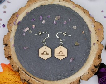 Libra Zodiac Earrings, Wood Burned Symbol