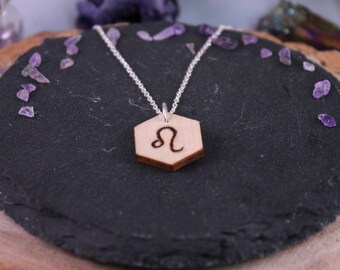 Leo Zodiac Necklace, Wood Burned Symbol
