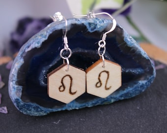 Leo Zodiac Earrings, Wood Burned Symbol