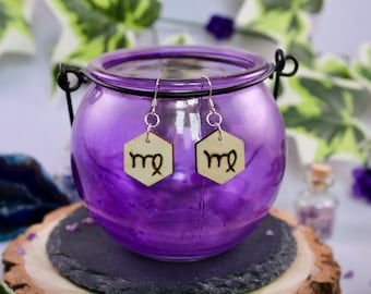 Virgo Zodiac Earrings, Wood Burned Symbol