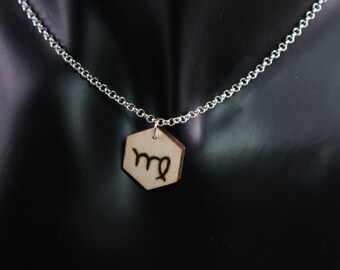 Virgo Zodiac Necklace, Wood Burned Symbol