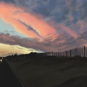 May include: A scenic view of a road leading to a beach with a wooden fence. The sky is a vibrant mix of pink, blue, and gray clouds.
