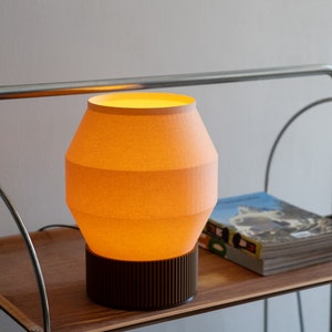 May include: A modern, orange-colored table lamp with a brown base. The lamp is on a wooden shelf with a stack of books.