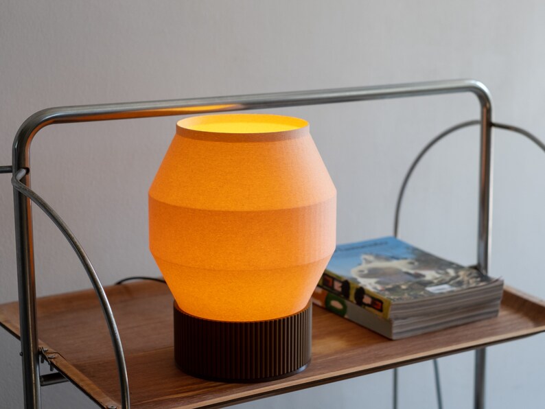 May include: A modern, orange-colored table lamp with a brown base. The lamp is on a wooden shelf with a stack of books.