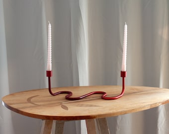 Curved Candelabra Double Large Red Taper Candles Handmade Aluminium Minimal Nordic Design Serpentine Candleholder