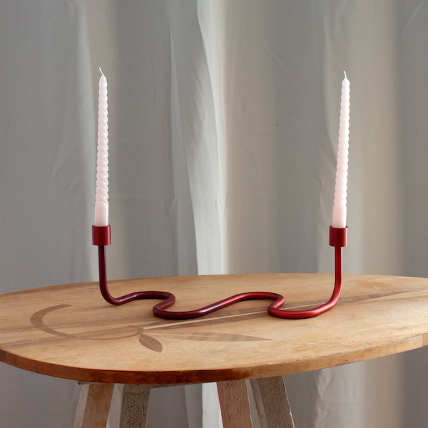 Double Candleholder, Large Red Taper Candles, Handmade, Aluminium Tube, Minimal, Nordic Design, Serpentine, Candleholder