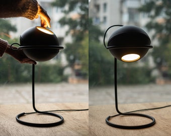 PULSAR Table Lamp, Mid-Century, Modern, Rotate Lampshade, Handmade, Bedside Light, Black Steel, Industrial, Clasic