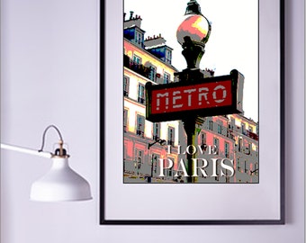 May include: Framed art print featuring a stylized image of a Parisian Metro sign with the word "METRO" in red. The image includes the text "I LOVE PARIS" and a street lamp, set against a backdrop of buildings.