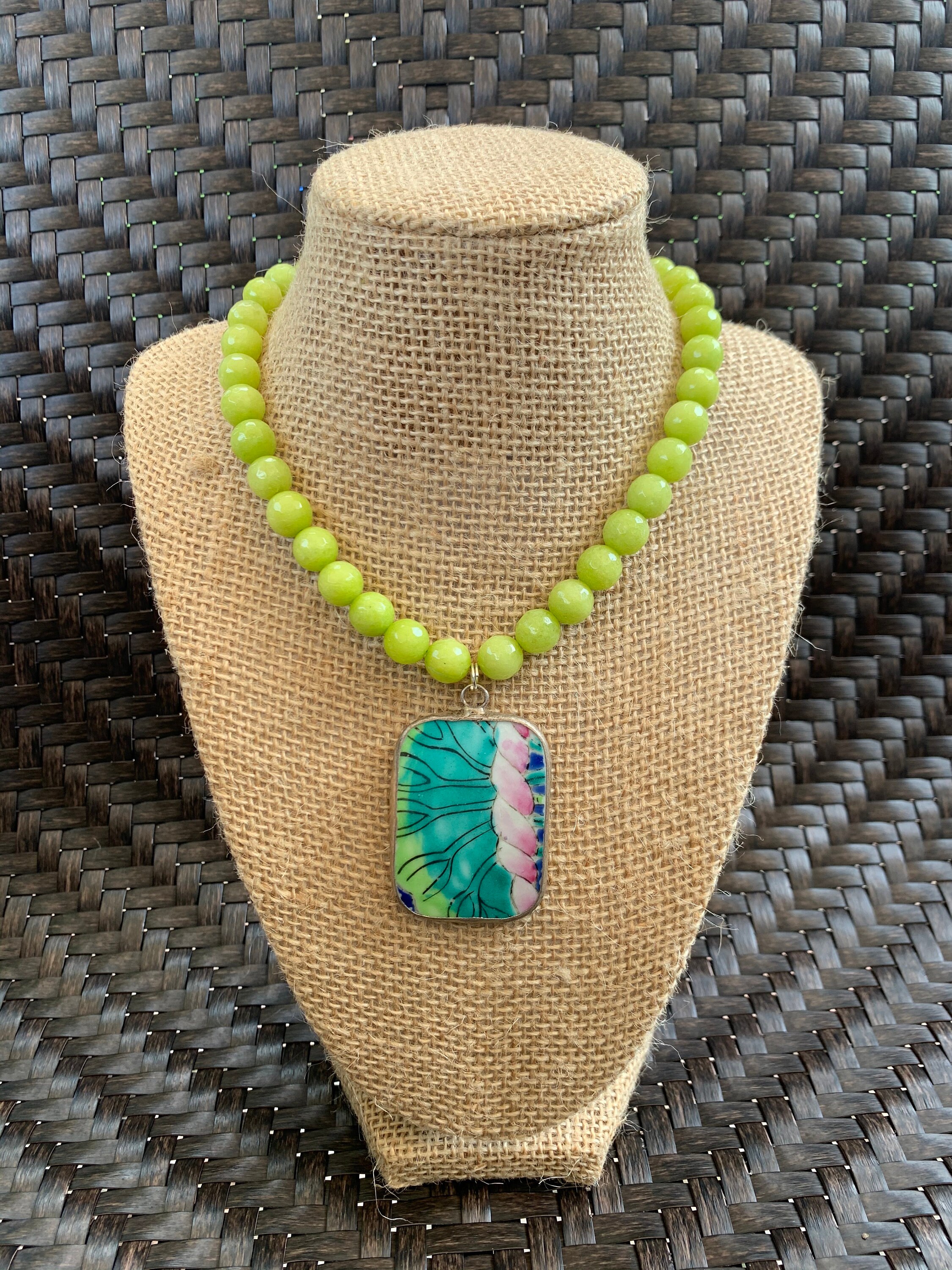 Pottery Shard Pendant Necklace Floral Gemstone Unique Etsy