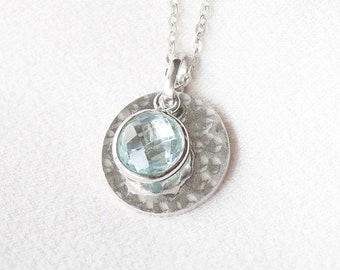 Sky Blue Topaz Silver Necklace with Hand Hammered Disc