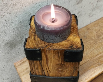 Rustic wooden candlestick, loft candlestick, industrial candlestick, wood and leather candlestick, handmade