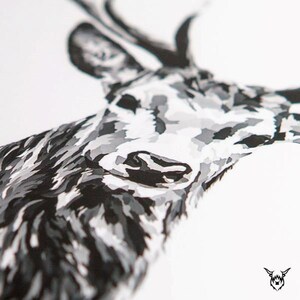 May include: A black and white illustration of a deer's head with antlers. The deer's face is close-up and the image is in a painterly style.