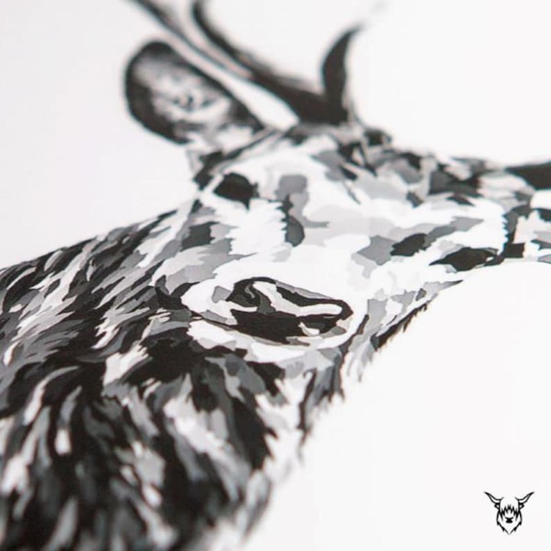 May include: A black and white illustration of a deer's head with antlers. The deer's face is close-up and the image is in a painterly style.