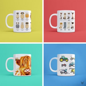 May include: Four white mugs with different designs. The first mug features a variety of sheep breeds. The second mug features a variety of cat breeds. The third mug features a Highland cow. The fourth mug features a variety of farm tractors.