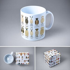 May include: White ceramic mug with a colorful illustration of different sheep breeds. The mug has a handle and is packaged in a box with a similar sheep design.