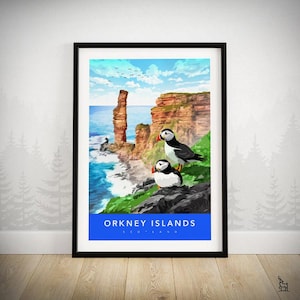 Impression d'art Orcades - affiche de voyage Ecosse - impression îles Orcades - impression d'art voyage Ecosse - impression liste de seaux écossais - Orcades - macareux
