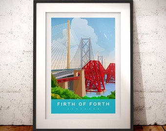 Forth Bridges Print - Three Bridges Print - Edinburgh Art - Travel Art Scotland - Scotland - Forth Railway Bridge - Railway Vintage Poster