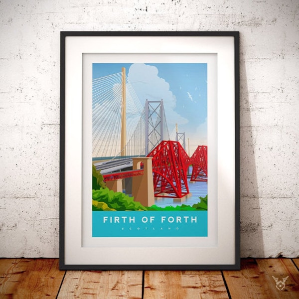 Forth Bridges Print - Three Bridges Print - Edinburgh Art - Travel Art Scotland - Scotland - Forth Railway Bridge - Railway Vintage Poster