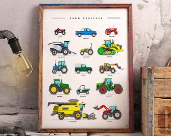 Farm Vehicles Poster - Farm Vehicles Art Print - Tractor Poster - Nursery Art - Kids Room Decor - Farm Truck Wall Art - Farm Machinery Print